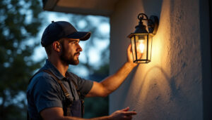A photograph of a skilled lighting contractor installing an elegant wall sconce on the exterior of a home
