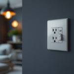 A photograph of a stylishly designed duplex receptacle installed in a modern home setting