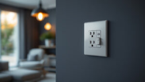 A photograph of a stylishly designed duplex receptacle installed in a modern home setting