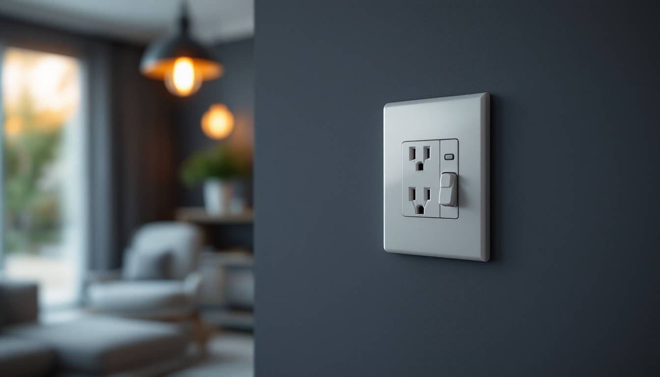 A photograph of a stylishly designed duplex receptacle installed in a modern home setting