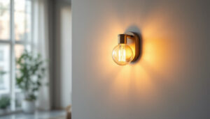 A photograph of a beautifully designed light wall sconce illuminating a modern interior space