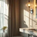 A photograph of a beautifully designed bathroom featuring an elegant light fixture that enhances the space