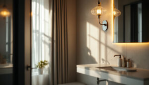 A photograph of a beautifully designed bathroom featuring an elegant light fixture that enhances the space