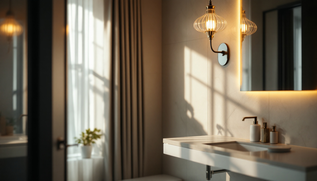 A photograph of a beautifully designed bathroom featuring an elegant light fixture that enhances the space