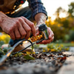 A photograph of a skilled lighting contractor expertly installing landscape lighting connectors in a beautifully landscaped outdoor setting
