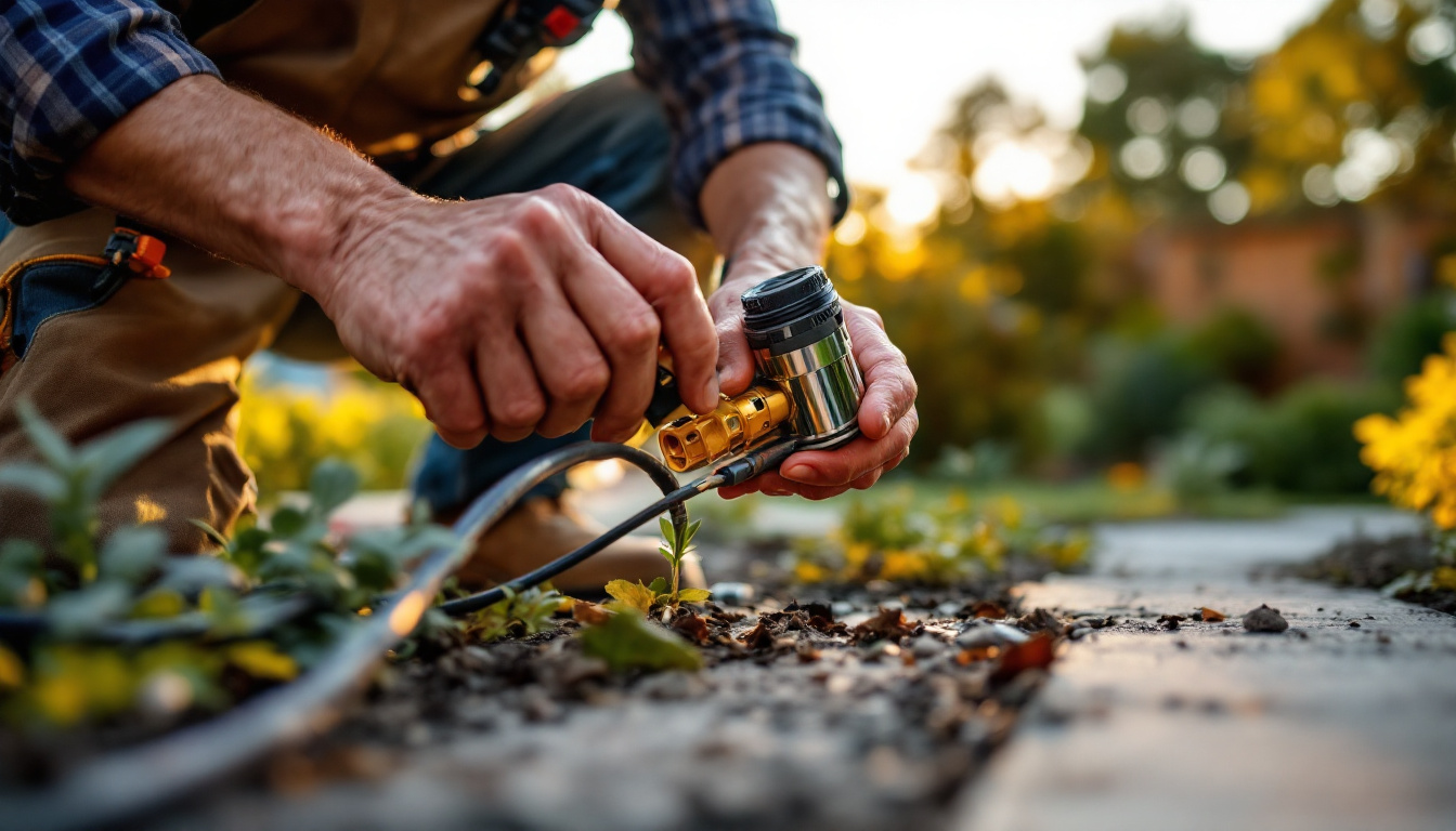 A photograph of a skilled lighting contractor expertly installing landscape lighting connectors in a beautifully landscaped outdoor setting