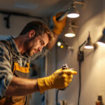 A photograph of a lighting contractor working on a residential installation