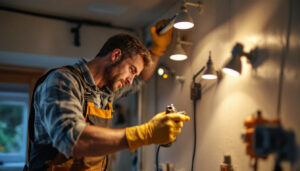 A photograph of a lighting contractor working on a residential installation