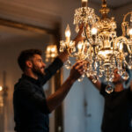 A photograph of a beautifully designed chandelier in an elegant setting