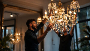 A photograph of a beautifully designed chandelier in an elegant setting