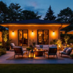 A photograph of a well-lit outdoor space showcasing various portable exterior lighting solutions in use