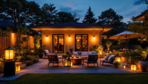 A photograph of a well-lit outdoor space showcasing various portable exterior lighting solutions in use