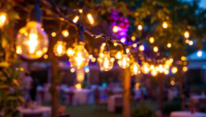 A photograph of a lighting contractor skillfully installing construction string lights at a vibrant outdoor event