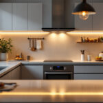 A photograph of a beautifully illuminated kitchen featuring sleek under cabinet lighting that highlights the countertops and adds warmth to the space