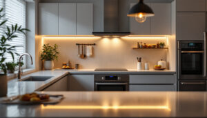 A photograph of a beautifully illuminated kitchen featuring sleek under cabinet lighting that highlights the countertops and adds warmth to the space