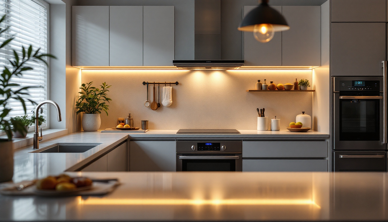 A photograph of a beautifully illuminated kitchen featuring sleek under cabinet lighting that highlights the countertops and adds warmth to the space