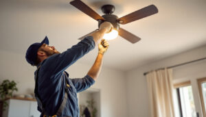 A photograph of a lighting contractor in action