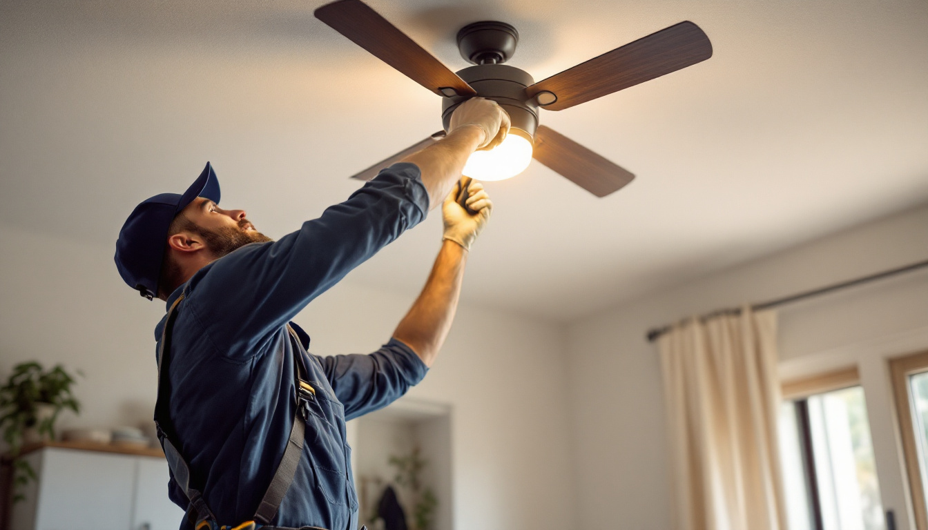 A photograph of a lighting contractor in action
