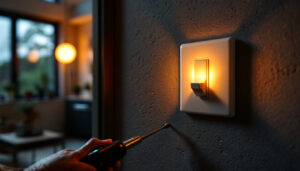 A photograph of a close-up shot of a single pole switch being installed in a modern home setting