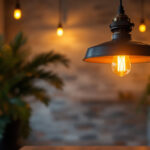 A photograph of a stylish industrial pendant light installation in a modern workspace