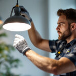 A photograph of a skilled lighting contractor expertly installing or adjusting a rab led fixture in a well-lit commercial or residential space