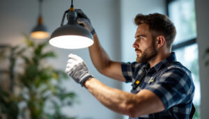 A photograph of a skilled lighting contractor expertly installing or adjusting a rab led fixture in a well-lit commercial or residential space