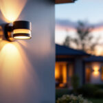 A photograph of a stylish modern exterior light fixture installed on a contemporary home facade during twilight