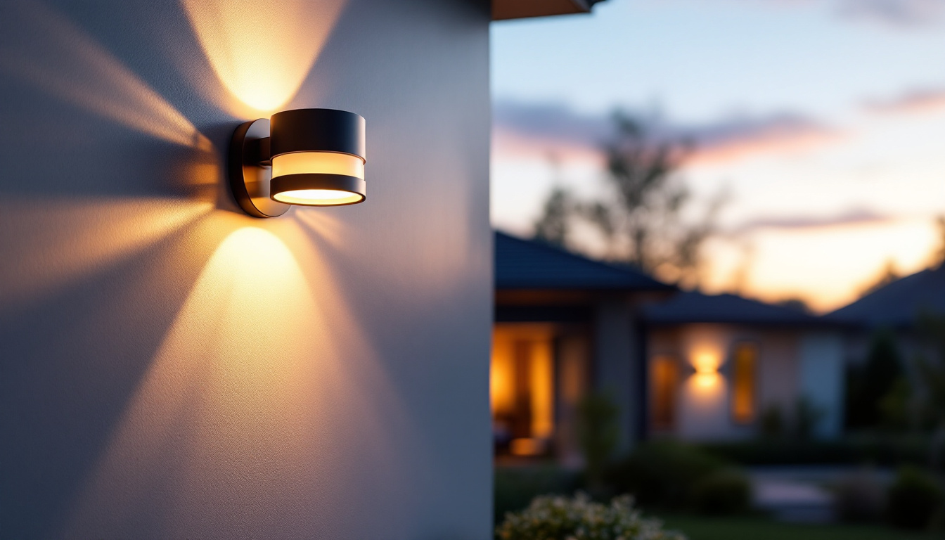 A photograph of a stylish modern exterior light fixture installed on a contemporary home facade during twilight