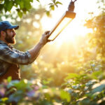 A photograph of a skilled lighting contractor installing an outdoor grow lamp in a lush garden setting