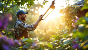 A photograph of a skilled lighting contractor installing an outdoor grow lamp in a lush garden setting