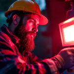 A photograph of capture a photograph of a lighting contractor installing a red and blue led flood bulb in an outdoor setting