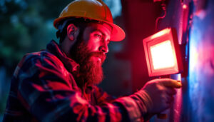 A photograph of capture a photograph of a lighting contractor installing a red and blue led flood bulb in an outdoor setting