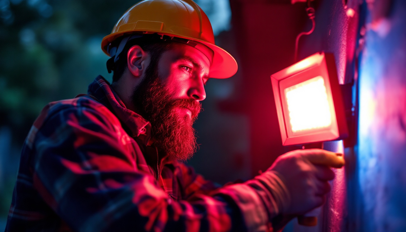 A photograph of capture a photograph of a lighting contractor installing a red and blue led flood bulb in an outdoor setting
