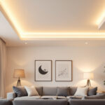 A photograph of a well-designed living space showcasing adjustable recessed lighting in action