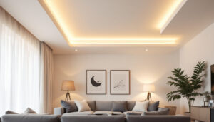 A photograph of a well-designed living space showcasing adjustable recessed lighting in action
