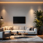 A photograph of a stylish living space featuring square pot lights that highlight the modern design and ambiance of the room