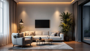 A photograph of a stylish living space featuring square pot lights that highlight the modern design and ambiance of the room