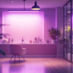 A photograph of a modern indoor setting featuring uv-c lighting in action