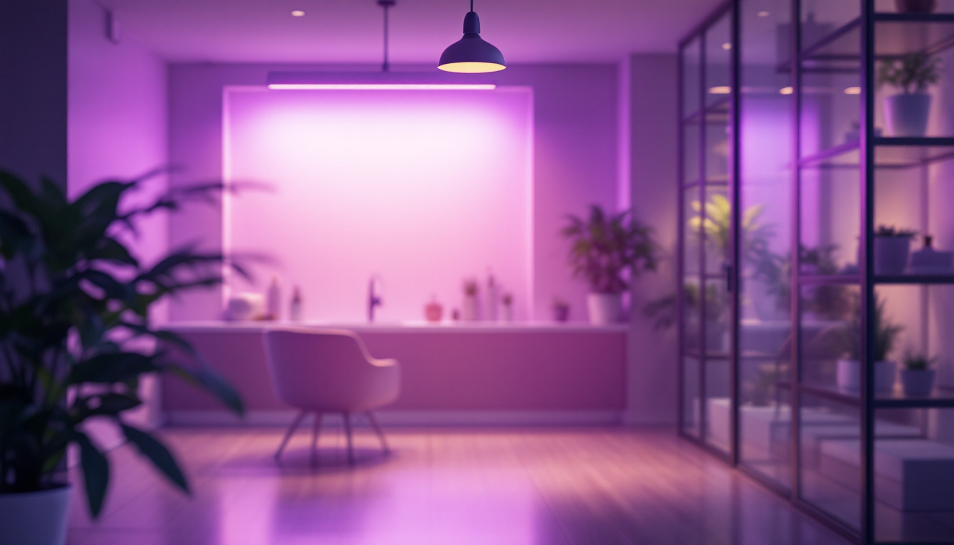 A photograph of a modern indoor setting featuring uv-c lighting in action