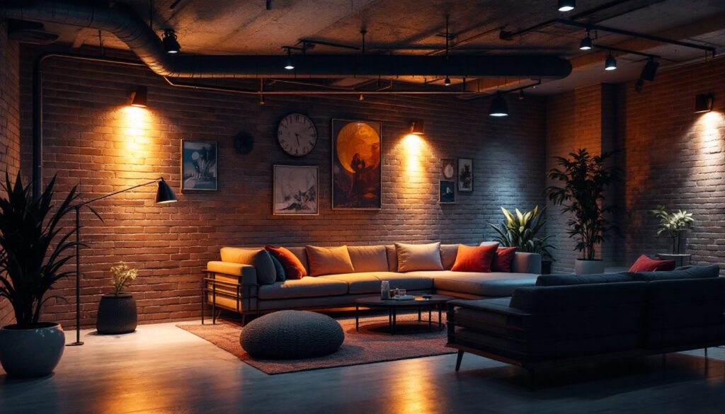 A photograph of a beautifully illuminated basement space that showcases a variety of lighting options