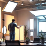A photograph of a well-lit workspace featuring a variety of light panels in use