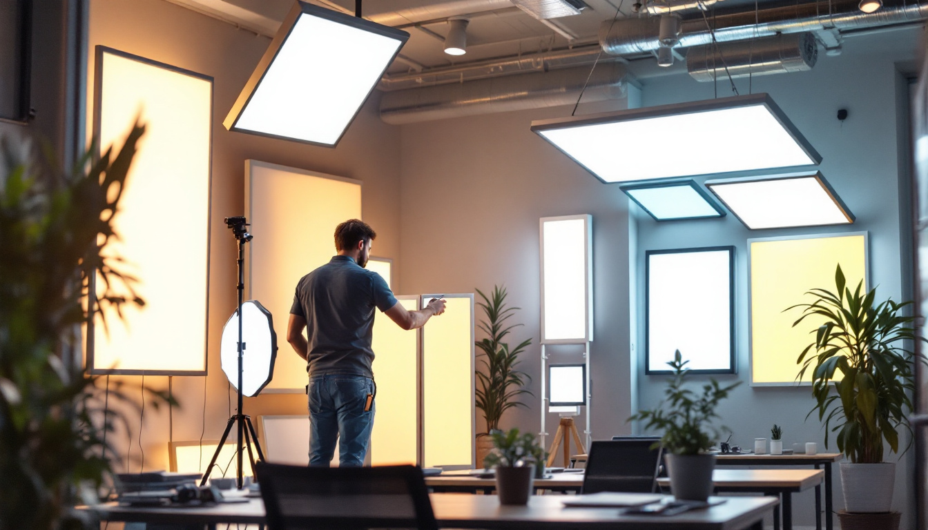A photograph of a well-lit workspace featuring a variety of light panels in use