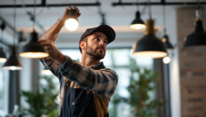 A photograph of a skilled lighting contractor installing or adjusting various types of lighting fixtures in a well-lit
