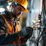 A photograph of a skilled lighting contractor expertly connecting multiple wire connectors in a well-lit workspace