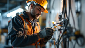 A photograph of a skilled lighting contractor expertly connecting multiple wire connectors in a well-lit workspace