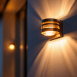A photograph of a beautifully designed front door light fixture illuminated at dusk