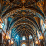 A photograph of a beautifully lit cathedral ceiling showcasing elegant light fixtures