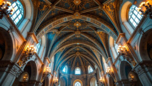 A photograph of a beautifully lit cathedral ceiling showcasing elegant light fixtures