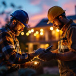 A photograph of a lighting contractor installing affordable solar lights in a residential outdoor setting