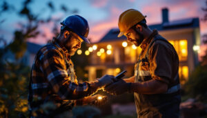 A photograph of a lighting contractor installing affordable solar lights in a residential outdoor setting